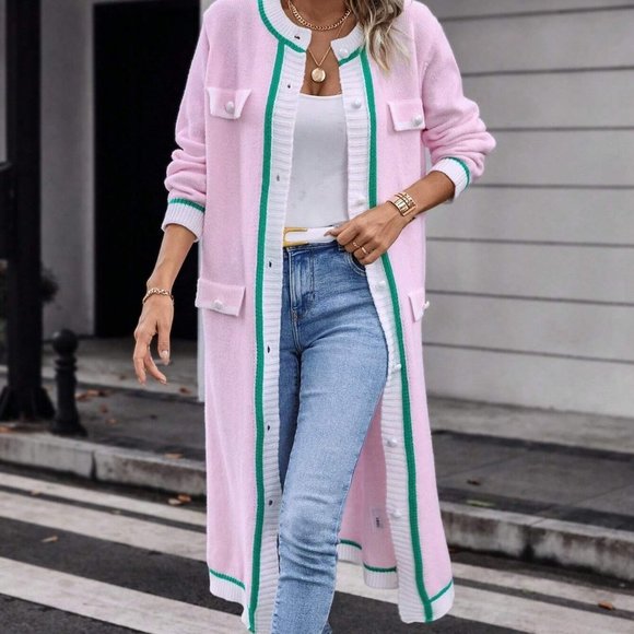 Pink Preppy Womens Contrast Trim Flap Detail Longline Cardigan - Picture 3 of 5